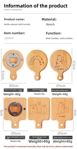 Macro detail of wooden beer bottle opener with engraved cat and bear illustrations