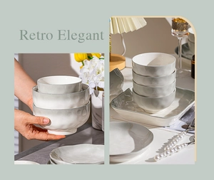 Detail of Nordic ceramic bowls with grey gradient glaze and textured wavy surface