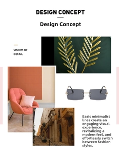 Detail view of rimless square sunglasses with gray lenses and gold temples on a collage