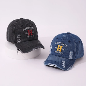 Vintage kids distressed denim baseball caps with embroidery in grey and blue denim
