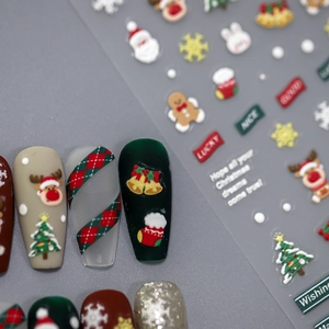 3D embossed Christmas nail stickers with Santa, reindeer, and snowflakes for 5D nail art