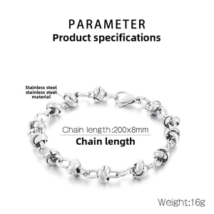 Detail of stainless steel knotted chain bracelet with lobster clasp and measurements