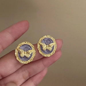 Retro Butterfly Stud Earrings Gold Alloy Round Purple Enamel Jewelry With Silver Earring Post French Palace Style For Women