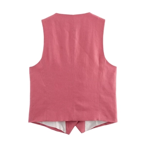 Back view of pink linen blend waistcoat for women on white background with minimalist style