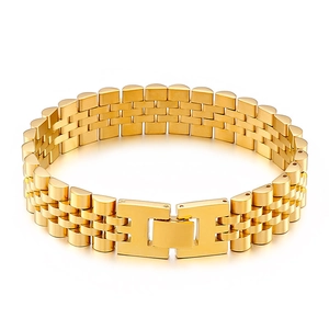Polished 15mm gold stainless steel watch band style bracelet with adjustable chain links