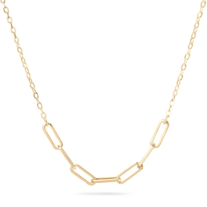 Close-up of golden paperclip chain necklace with minimalist rectangular link design