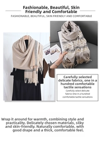 Detail view of beige striped scarf featuring soft knit texture and delicate tassel fringe