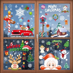 Christmas Static Window Stickers Santa Claus Snowman Reindeer Double Sided Print PVC Decals For Holiday Glass Decoration