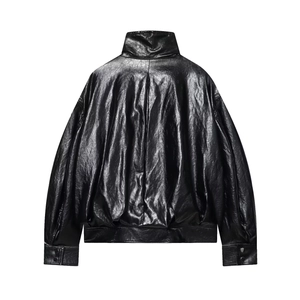 Back view of a sleek black faux leather bomber jacket with a stand collar and ribbed hem