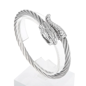 Silver stainless steel cable bracelet featuring a detailed snake head in rock punk style