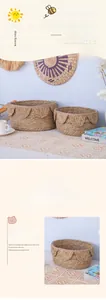 Detail of hand-woven cattail storage basket with decorative petal edge for home organization