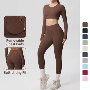 Women Yoga Sportswear Set Top And Bottom Solid Color Brushed Long Sleeve Crop Top High Waist Tight Leggings Gym Fitness Suit