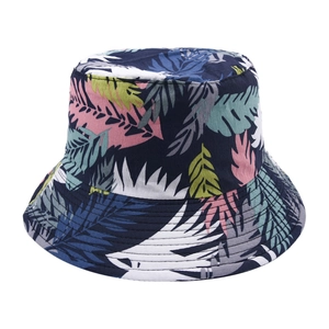 Navy blue bucket hat with colorful maple leaf print and stitched brim for outdoor sun protection