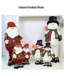 Detail of Santa and Snowman plush decor with red plaid fabric and lamb wool finish