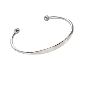 Minimalist silver stainless steel C-shaped open cuff bracelet with double ball detail
