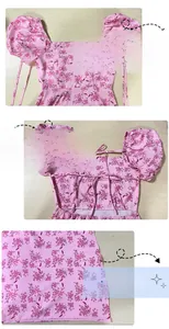 Detail of pink floral dress featuring puff sleeves and an open back tie-up design