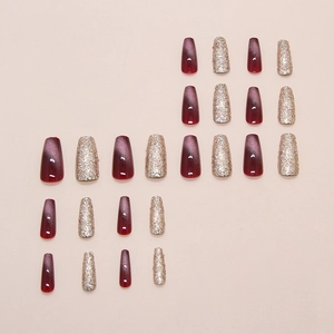 Cat eye wine red and glitter silver coffin press on nails in 24 pieces set