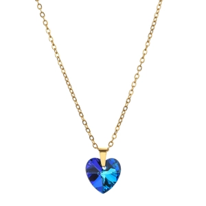 Close-up of faceted blue crystal heart pendant on a gold-plated stainless steel chain