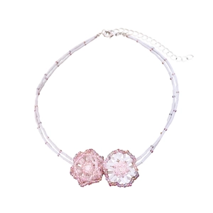 Double-layer bamboo beaded necklace with pink flower pendants and silver lobster clasp