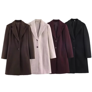 Women Mid Length Woolen Coat Single Breasted Lapel Slim Fit Elegant Solid Color Casual Long Sleeve Outerwear Overcoat