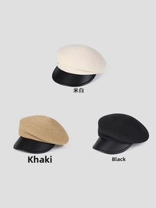 Straw newsboy cap for women in off-white, khaki, and black with a stylish black leather brim