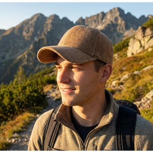 Brown herringbone baseball cap shown in a scenic outdoor sunset view with mountain backdrop