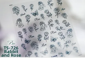 Détail des stickers ongles ultra-fins TS-726 aux motifs de roses et lapins noirs