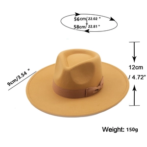 Detailed dimension chart for yellow wide brim wool fedora with bow and size specs