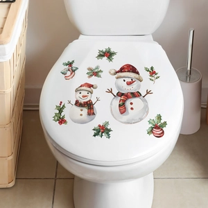 Festive snowman and holly leaves Christmas toilet lid stickers for holiday home bathroom decor