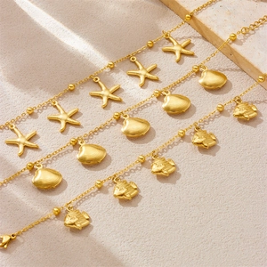 Gold Plated Stainless Steel Bracelet Starfish Shell Fish Charms Ocean Theme Summer Beach Vacation Fashion Jewelry For Women