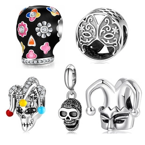 Detail showing S925 sterling silver skull and clown beads with enamel and gemstones