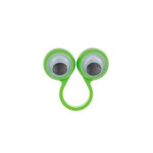 Detail view of a green novelty finger eye ring toy with two googly eyes on white background