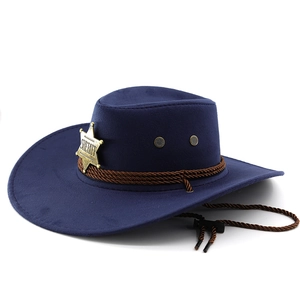 Close-up of navy wool sheriff hat with gold badge and brown braided decorative cord
