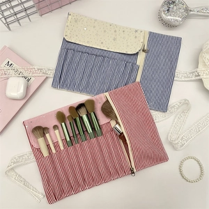 Borsa Porta Pennelli Trucco in Poliestere a Righe Portatile Con Paillettes a Stella e Nastro in Pizzo Pochette da Viaggio per Donna