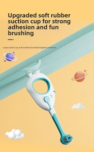 Detail of the large soft rubber suction cup base on a blue cartoon kids toothbrush