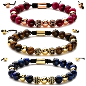 Beaded Bracelet Natural Tiger Eye Stone Micro Pave Zircon Adjustable Woven Rope Handmade Lucky Jewelry Men Women