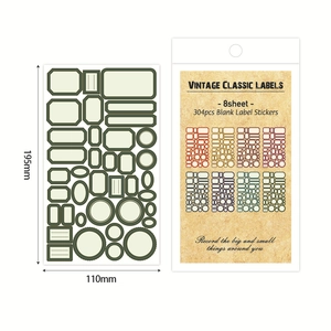 Detail showing 8 sheets of 304 vintage classic blank label stickers with dimensions