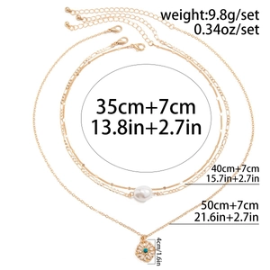 Three-layer gold necklace set with pearls and floral pendants showing size and weight details