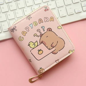 Pink PU leather short zipper wallet featuring a cute cartoon capybara and lettering