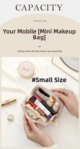 Detail view of pink PU leather makeup bag with interior slots for lipstick storage