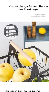 Close-up of black wire fruit basket showing mesh bottom and wooden handle detail