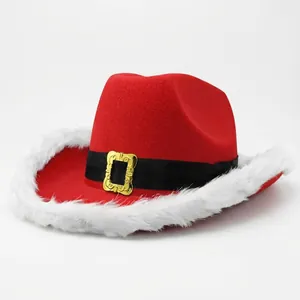 Red Christmas cowboy hat with white fur trim and black belt buckle detail on white background