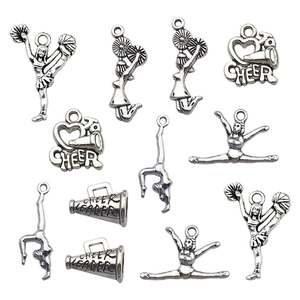 Set of 12 silver alloy cheerleader charms including cheer leader megaphones and heart shapes