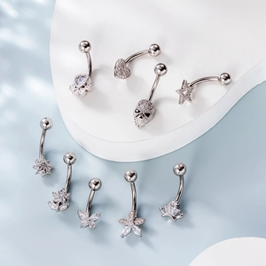 Set of 8 silver stainless steel belly rings with zircon butterfly heart and star charms