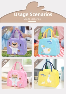 Detailed view of four insulated lunch bags with cute bear and duck cartoon prints