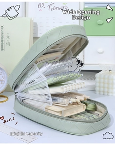 Detail view of large-capacity light green woven pencil case with six layers and mesh pockets