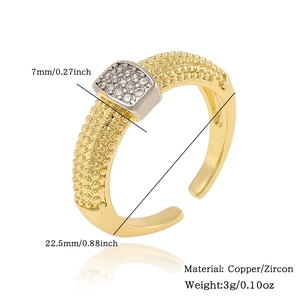 Detail of gold zircon ring with 7mm square setting and product dimensions on white background