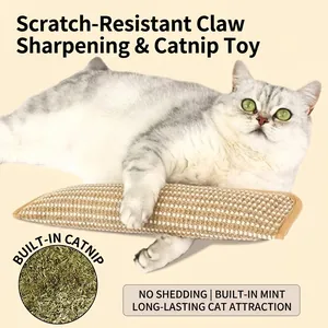 Durable sisal cat scratching pad with solid wood frame and built-in catnip for play
