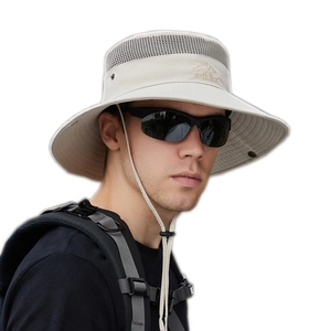Beige sun hat with wide brim, breathable mesh and windproof cord for hiking and outdoor