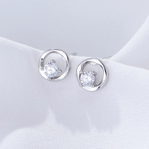 Minimalist S925 sterling silver geometric round hoop earrings with clear zircon stones